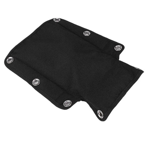 Black scuba backplate pad cushion with metal grommets, designed for BCD harness fitting. Durable nylon for saltwater adventures.