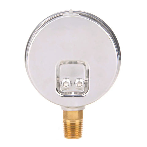 Rear view of Tridicator Thermo Manometer With Silicone Oil Fill, Two And A Half Inch Dial, Stainless Steel Case, brass connection