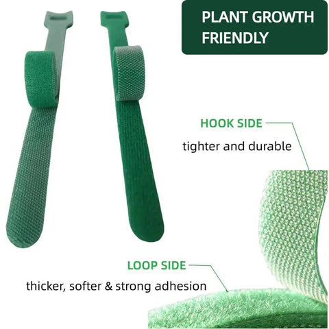 Close-up of green reusable 100 pack 6 inch adjustable anti slip nylon plant ties with hook and loop fasteners detail.