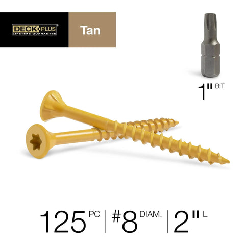 Two Inch Epoxy Coated Exterior Deck And Fence Screws Eight Gauge With Self Drilling Point Torx And Star Drive Coarse Thread Rust Resistant Tan 125 Piece Box