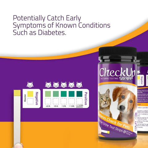 Glucose Urine Test Strips For Cats And Dogs, 50 Count, Easy At Home Pet Health Check, Dip In Urine For Quick Glucose Readings, Track Diabetes Risk And Monitor Your Pet Wellbeing. bottle with cat and dog, color chart, and test strip