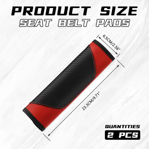 2 Pack Car Seat Belt Cover Pads Soft Carbon Fiber Leather Shoulder Protector in red, showing size and dimension details.