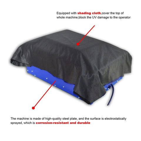 UV Exposure Unit Silk Screen Printing Light Box with shading cloth, blue steel plate, and smart timer for precise exposures.
