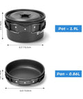 15 Piece All In One Camping Cookware Mess Kit With Nonstick Pots And Pans Kettle Stainless Steel Cups Plates And Utensils Lightweight Outdoor Cooking Gear For Camping Backpacking Picnics featuring 1.9L pot and 0.86L pan dimensions