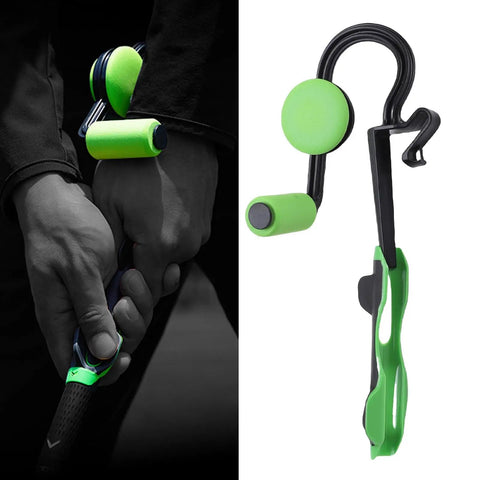 Golf Swing Trainer Wrist Aid For Instant Feel And Form attached to club and detached, green and black design.