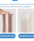 Heavy Duty Workhorse Air Duct Hose For Woodworking Dust Collection Debris Management With Reinforced Steel Wire Core in compressed and straightened states.