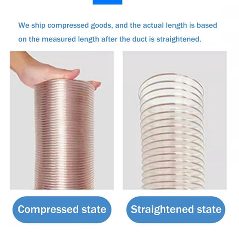 Heavy Duty Workhorse Air Duct Hose For Woodworking Dust Collection Debris Management With Reinforced Steel Wire Core in compressed and straightened states.