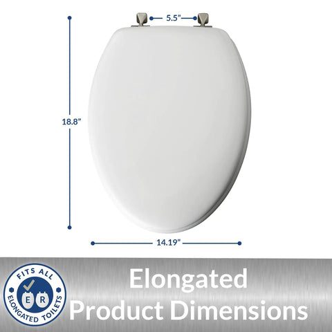 Elongated White Toilet Seat With Brushed Nickel Hinges That Never Loosens Stays Put And Secure Easy Install Durable Comfort Upgrade For Your Bath Fits Most Standard Toilets product dimensions shown