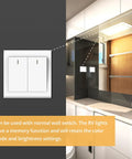 Interior view showing RV ceiling LED light and wall switch, part of Interior RV LED Light 12V 8 Pack With 3 Color Temperatures And Stepless Dimming Energy Efficient Ceiling Light For Campers Trailers Boats And Cars 2900K To 6500K.