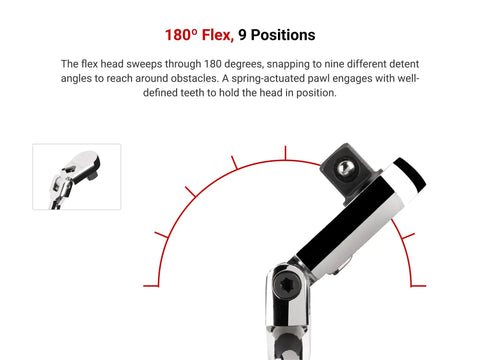 180° flex feature of 3/8 Inch Drive 6 Inch Flex Head Ratchet With Small Body Non Quick Release Built On 1/4 Inch Drive Body For Tight Spaces