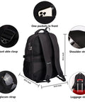 Back view of anti-theft laptop backpack with combination lock, adjustable straps, luggage strap, fits 17-inch laptops, ideal for travel.