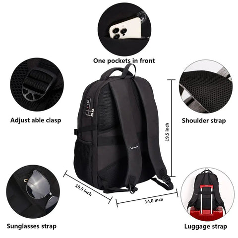 Back view of anti-theft laptop backpack with combination lock, adjustable straps, luggage strap, fits 17-inch laptops, ideal for travel.
