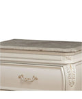 Timeless Tradition Nightstand With Granite Top In Pearl White Veneer, Full Extension Drawer Glides, close-up of granite and ornate detail.