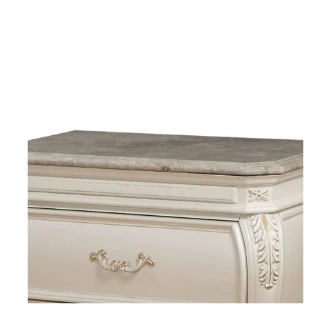 Timeless Tradition Nightstand With Granite Top In Pearl White Veneer, Full Extension Drawer Glides, close-up of granite and ornate detail.