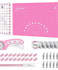45mm Rotary Cutter Set With Ergonomic Handle, Five Extra Rotary Blades And Ten Replacement Blades, A3 Cutting Mat, Quilting Ruler, Craft Knife And 20 Sewing Clips For Crafting, Sewing, Patchwork And DIY Projects In Pink.