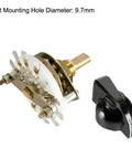 2 Pole 4 Position Rotary Switch with knob, 1 deck, 10 pins, 6mm shaft, 9.7mm mount hole, durable metal body shown