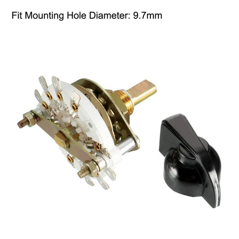 2 Pole 4 Position Rotary Switch with knob, 1 deck, 10 pins, 6mm shaft, 9.7mm mount hole, durable metal body shown