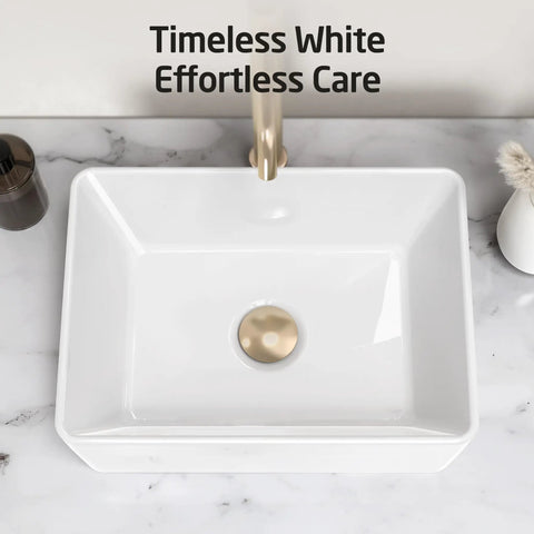 Rectangular White Vessel Sink For Bathroom Countertop With Premium Glaze, Above Counter Porcelain Ceramic Vanity Basin 15.75 x 11.82 x 5.35 In showcasing front view.
