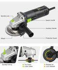 Beast 4.0 Amp 520W Corded Angle Grinder, 4-1/2 Inch, 12000 RPM with detailed parts labeled, great for metalwork and DIY projects.