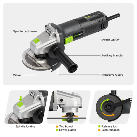 Beast 4.0 Amp 520W Corded Angle Grinder, 4-1/2 Inch, 12000 RPM with detailed parts labeled, great for metalwork and DIY projects.