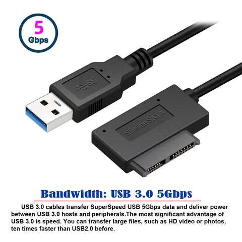 USB 3.0 To Slimline 13pin SATA External Optical Drive Adapter Cable For Laptop CD DVD ROM Plug And Play No External Power Needed Boot From External Drive Works With Laptop Caddies And USB PCs, black cable