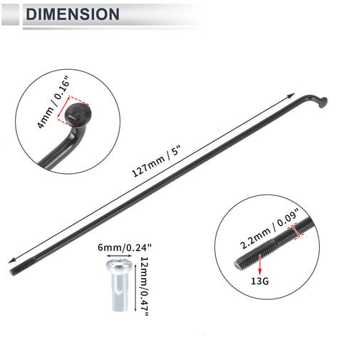 Universal Bicycle Spokes Kit 13G 127mm Length With 12x6mm Nipples Black Steel; dimensions and measurements of spoke