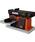 Mini Pneumatic Belt Sander And Grinding Wheel Combo Machine With Variable Speed Control, Cast Iron Base For Wood And Metal Deburring, detailed view of angle sanding head and adjustable table.