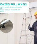 Telescopic Ladder Wheels And Retractable Wheel Casters Set For Folding Aluminum Ladders Smooth As Butter Rolling Replacement Tires shown in use.