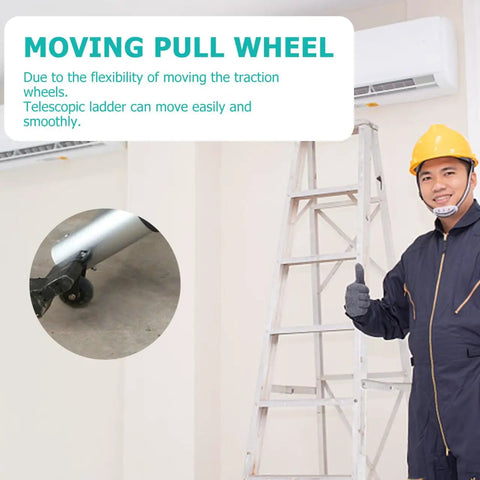 Telescopic Ladder Wheels And Retractable Wheel Casters Set For Folding Aluminum Ladders Smooth As Butter Rolling Replacement Tires shown in use.