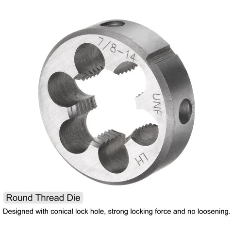 Close-up of a round die from a Two Piece Tap And Die Set With 7/8-14 UNF Left Hand Thread DIY Ready Round Die And Square Shank Tap Kit.