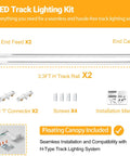 Six Point Six Foot White H Track Lighting Kit with floating canopy, 3.3 ft rails, end caps, connectors, screws, and manual