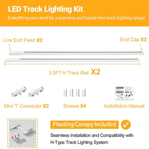 Six Point Six Foot White H Track Lighting Kit with floating canopy, 3.3 ft rails, end caps, connectors, screws, and manual