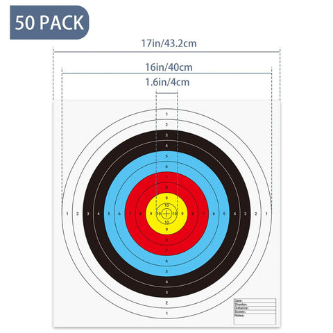 Bullseye Paper Targets Set 50 Sheets 16x16 Inch 10 Ring Archery Targets For Range And Backyard Practice Pro Grade Durable Wood Free Paper Bright Color For Bow And Arrow Training image showing target with dimensions.