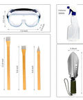 Geology Rock Pick Hammer Kit with goggles, chisels, 500ml spray bottle, and multi-function shovel for rock hounding and gold mining.