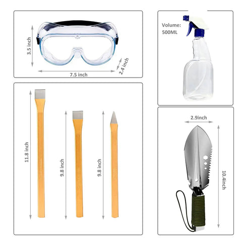 Geology Rock Pick Hammer Kit with goggles, chisels, 500ml spray bottle, and multi-function shovel for rock hounding and gold mining.