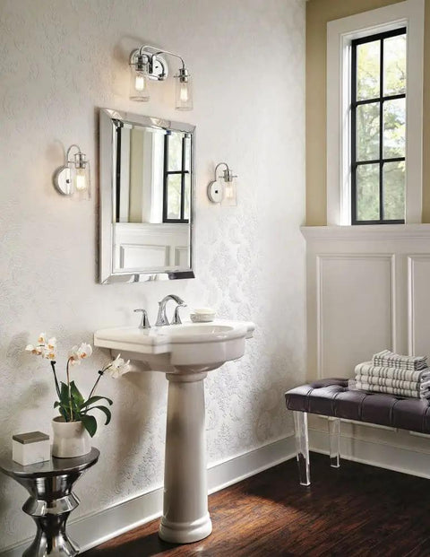 Bathroom with Braelyn 1 Light Wall Sconce With Clear Seeded Glass In Classic Pewter, Vintage Industrial Vanity Lighting