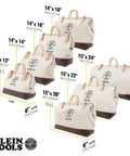 Heavy Duty Natural Canvas Tool Bag Tote With Wide Hinged Opening And Leather Handles, various sizes displayed, Klein Tools logo