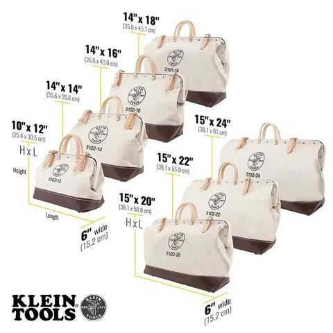 Heavy Duty Natural Canvas Tool Bag Tote With Wide Hinged Opening And Leather Handles, various sizes displayed, Klein Tools logo