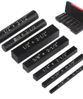 Seven Piece Beefy Aluminum Setup Blocks Height Gauge Set For Router And Table Saw showing precision setup bars with engraved sizes.