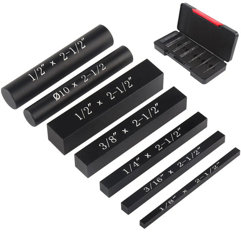 Seven Piece Beefy Aluminum Setup Blocks Height Gauge Set For Router And Table Saw showing precision setup bars with engraved sizes.