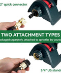 Beefy Base Oscillating Lawn Sprinkler With 18 Brass Nozzles heavy duty with 1/2 and 3/4 inch connectors shown for hose attachment