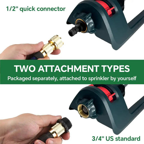 Beefy Base Oscillating Lawn Sprinkler With 18 Brass Nozzles heavy duty with 1/2 and 3/4 inch connectors shown for hose attachment