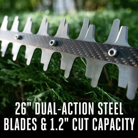 Cordless Hedge Trimmer 26 Inch With Carbon Fiber Rail And Dual Action Steel Blades Delivers Clean Cuts Up To One Point Two Inch