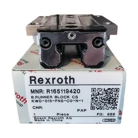 Front view of Single linear slide unit carriage R165119420 precision guide block sealed ball bearing replacement part on packaging