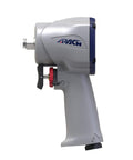 Stubby 1/2 Inch Air Impact Wrench With Jumbo Hammer Grip, ultra-compact 3-7/8 in body, side view showing handle and controls