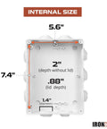 Internal dimensions of the Outdoor Electrical Box Weatherproof White Junction Enclosure with 5.6" x 7.4" x 2" depth.