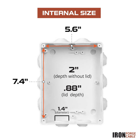 Internal dimensions of the Outdoor Electrical Box Weatherproof White Junction Enclosure with 5.6" x 7.4" x 2" depth.
