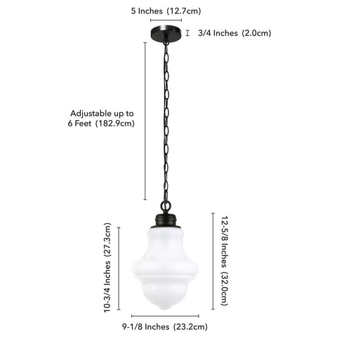 Diagram of 9.13 Inch Wide Pendant Light With Glass Shade In Blackened Bronze And White Milk Glass Diffuser dimensions
