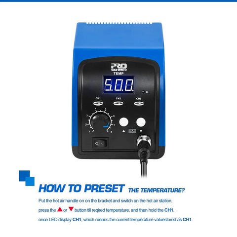 Front view of Hot Air Rework Station For Electronics Repair With Digital Display Heat Gun, Three Temperature Presets visible.
