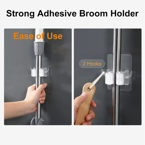 Two Pack Adhesive Broom And Mop Holder With Rubber Grips, Wall Mount Organizer With Hooks mounted on wall with hands holding handle